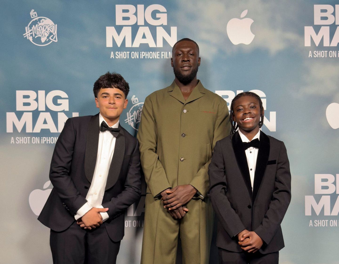 Stormzy with co-stars Klevis Brahja and Jaydon Eastman at the Big Man London premiere